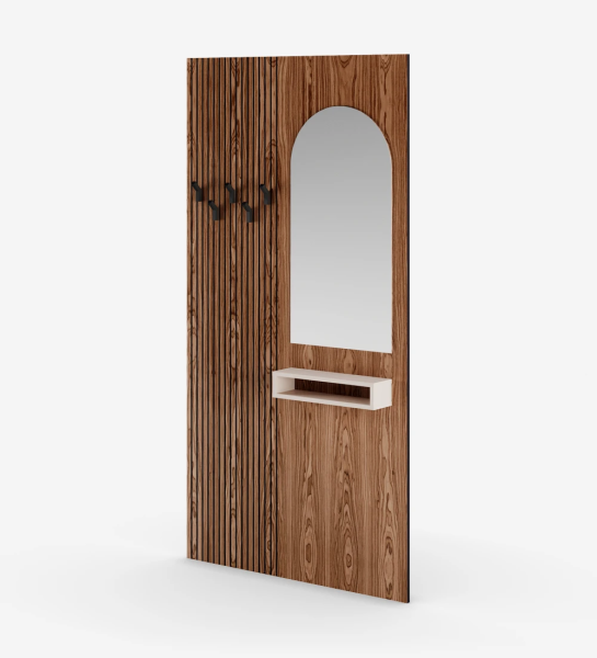 Panel for entrance hall in walnut with friezes, with mirror, module in pearl and hooks in black.