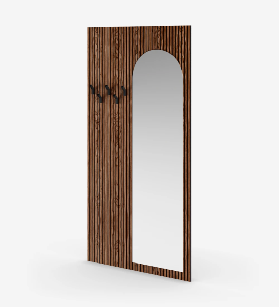 Panel for entrance hall in walnut with friezes, with mirror, hooks in black.