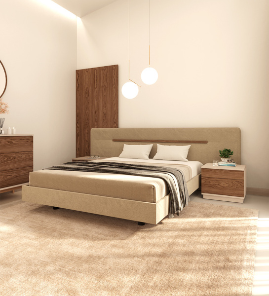 Double bed with headboard and upholstered suspended base, walnut detail.