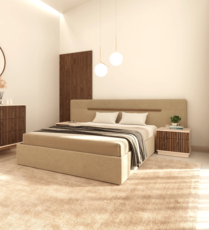 Double bed with upholstered headboard and base, walnut detail, with storage through a lifting platform.