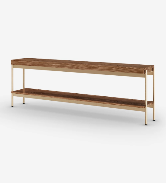 Console with walnut top and shelf, golden lacquered metal structure, leveled legs.