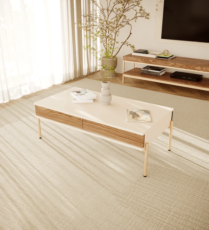 Rectangular center table in pearl, 2 drawers in walnut, golden lacquered metal structure, legs with levelers.