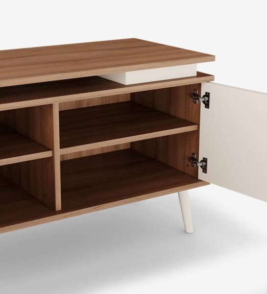 TV stand with 2 doors and pearl lacquered legs, walnut structure.