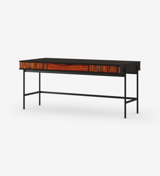 Desk with 2 drawers with friezes in high gloss palisander, black structure and black lacquered metal feet with levelers.