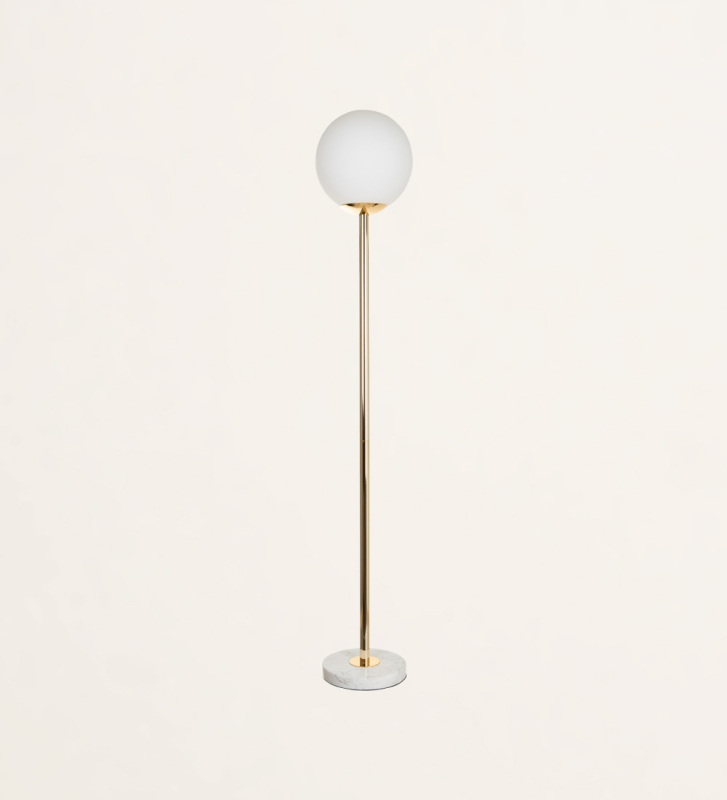 Floor lamp in gold metal and white glass