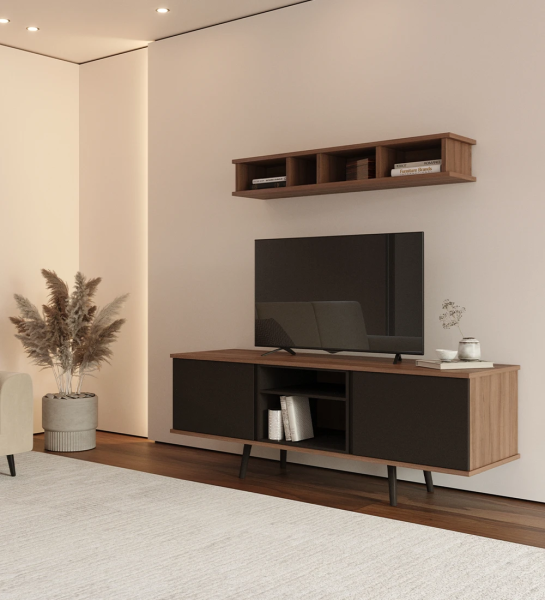 Mueble de TV con 2 puertas, módulo y pies lacados en marrón oscuro, estructura de nogal.