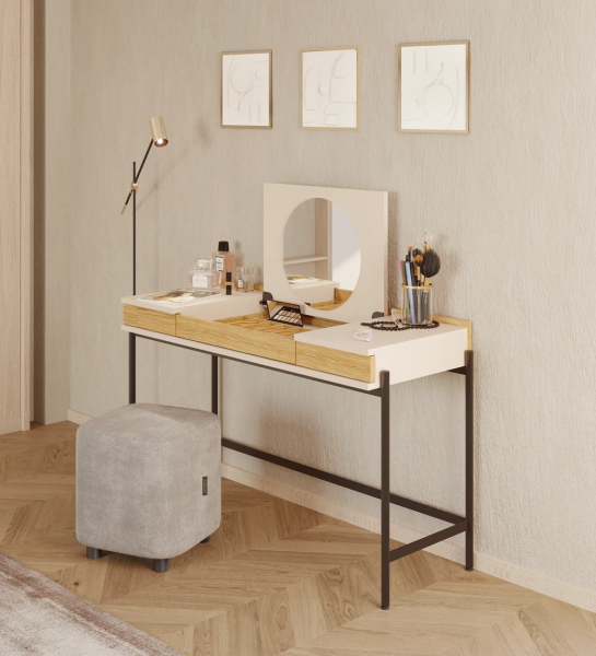 Dressing Table with 2 drawers in natural oak, pearl structure and black lacquered metal feet with levelers.