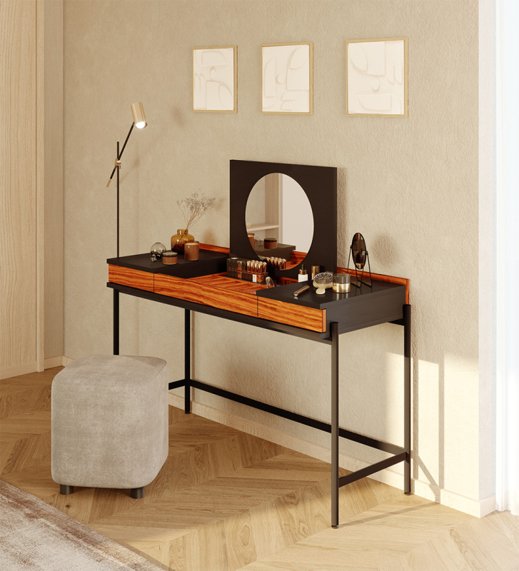 Dressing Table with 2 drawers in high gloss palisander, black structure and black lacquered metal feet with levelers.