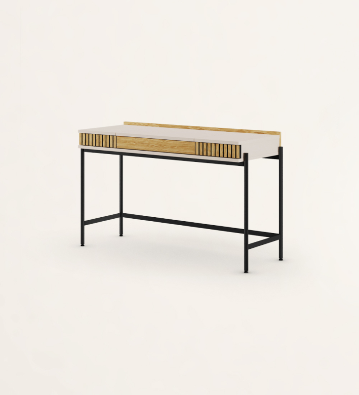 Dressing Table with 2 drawers with friezes in natural oak, pearl structure and black lacquered metal feet with levelers.