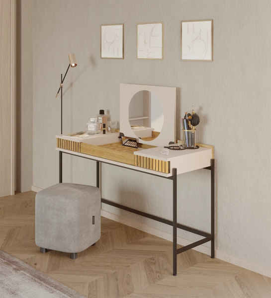 Dressing Table with 2 drawers with friezes in natural oak, pearl structure and black lacquered metal feet with levelers.