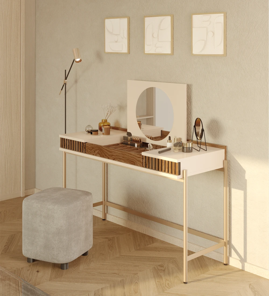 Dressing Table with 2 drawers with walnut friezes, pearl structure and gold lacquered metal feet with levelers.