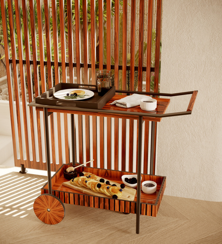 Tea cart with friezes, in high gloss palisander.