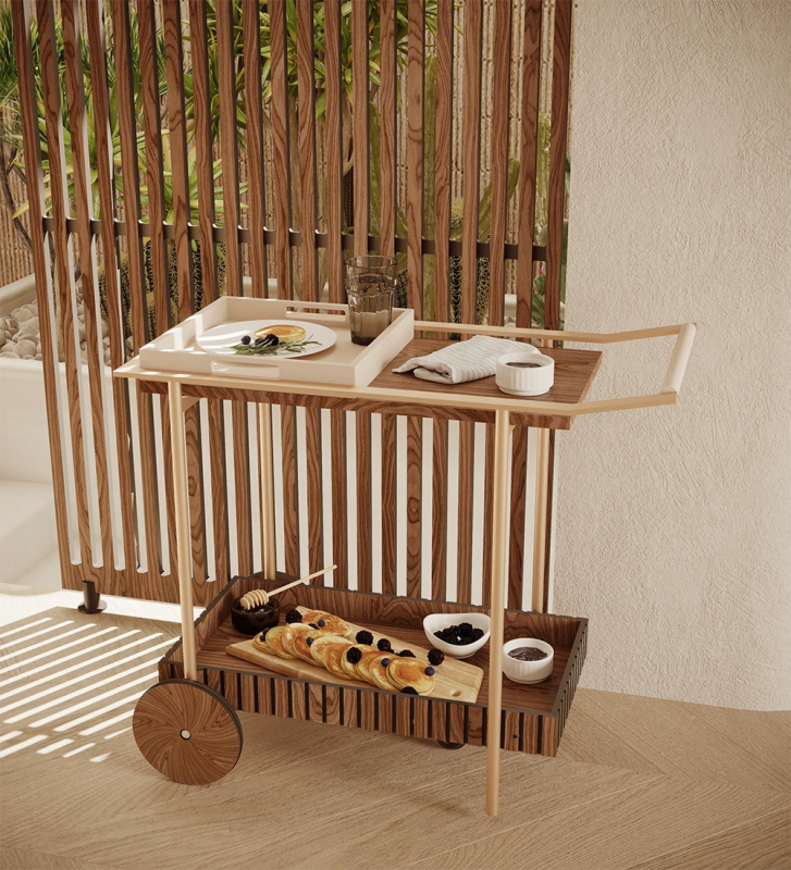 Tea cart with friezes, in walnut.