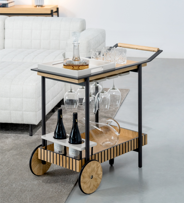 Bar cart with friezes, in natural oak, with cup holder.