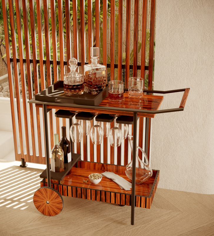 Bar cart with friezes, in high gloss palisander, with cup holder.
