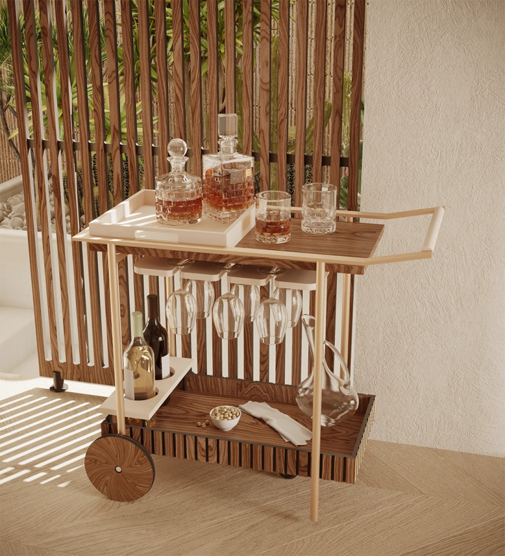 Bar cart with friezes, in walnut, with cup holder.
