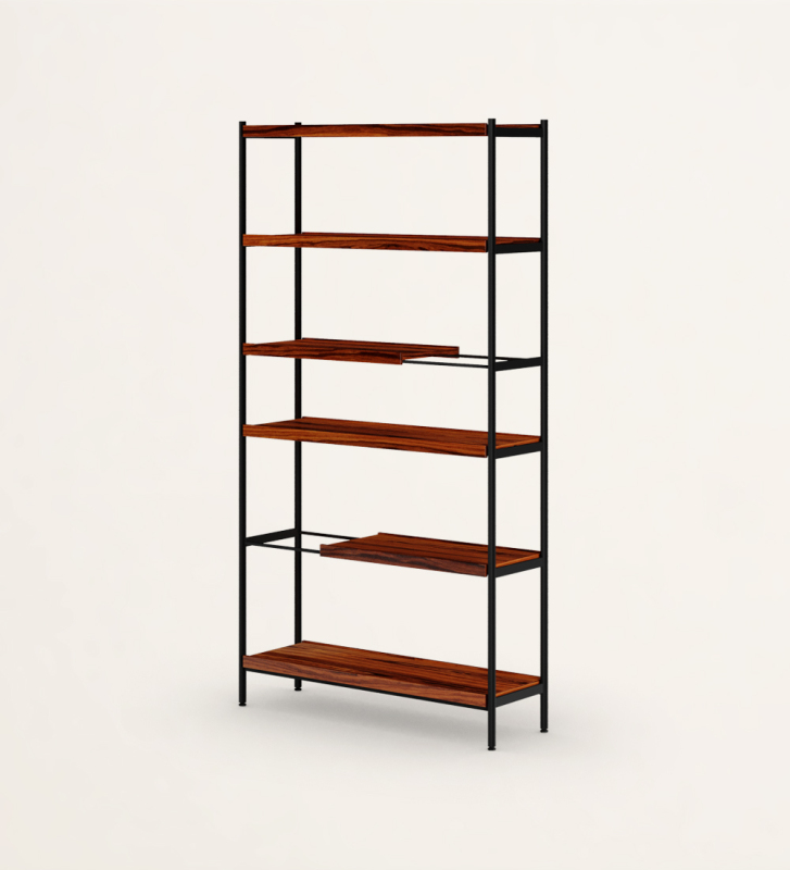Double-sided bookcase in high gloss palissander, with black lacquered metal structure, feet with levelers.
