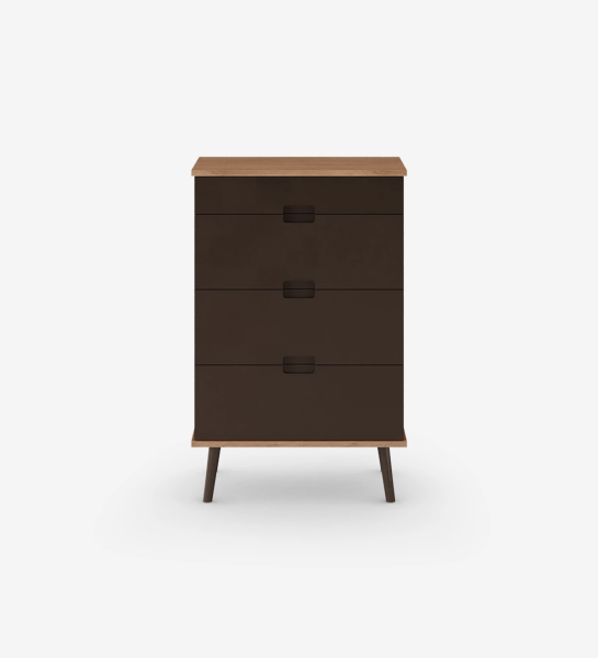 Dresser with 4 drawers with dark brown lacquered fronts, dark brown lacquered turned legs and walnut structure.