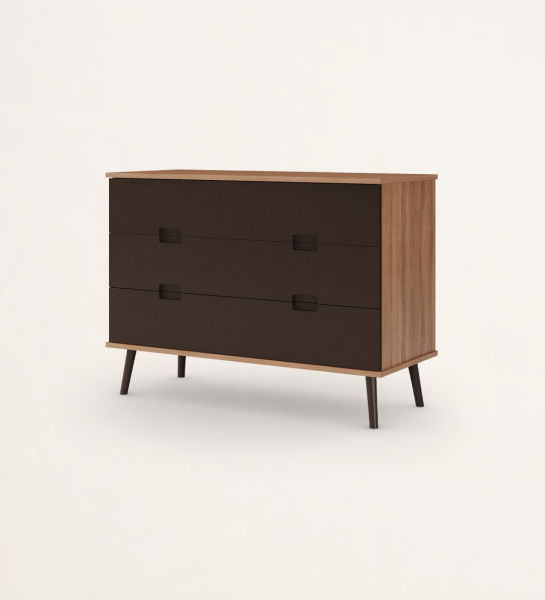 Dresser with 3 drawers with dark brown lacquered fronts, dark brown lacquered turned legs, walnut structure.