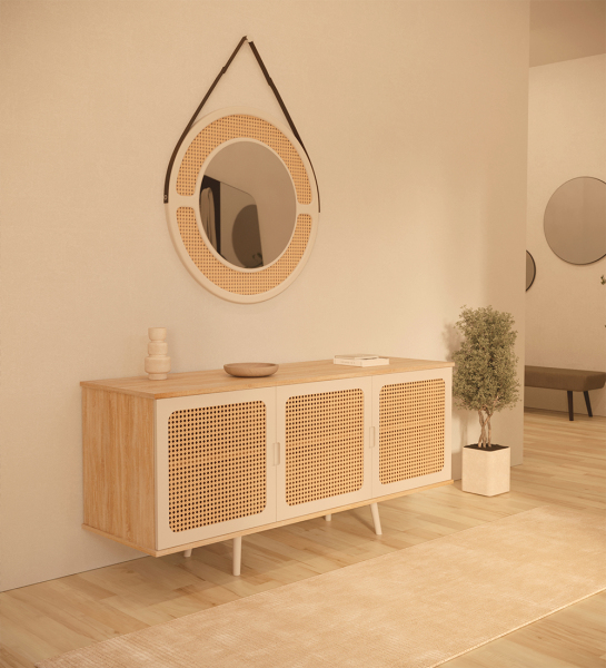 Sideboard with 3 doors detail in rattan, pearl lacquered feet and structure in natural color oak.