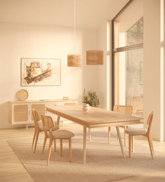 Rectangular dining table with natural oak top, pearl lacquered legs.