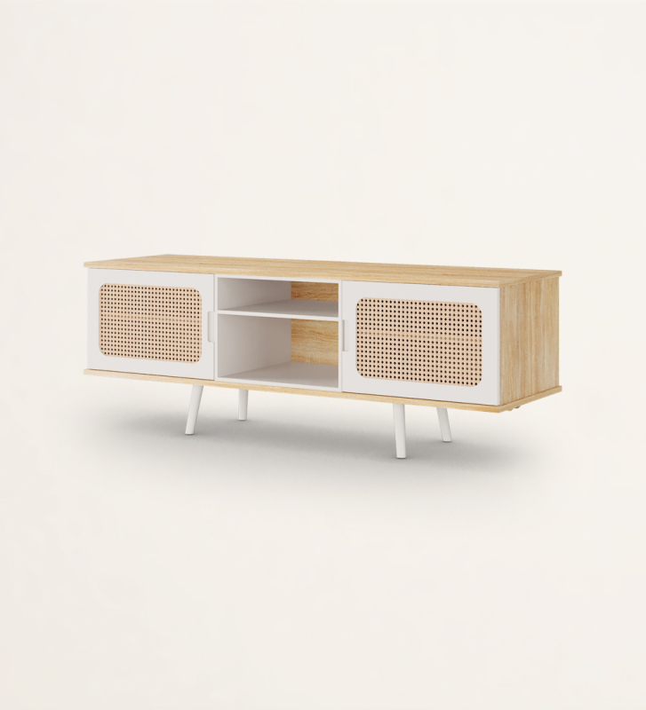 TV stand with 2 doors in rattan detail, module and feet lacquered in pearl, structure in natural color oak.
