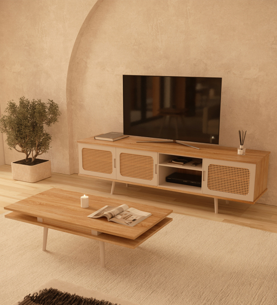 Mueble TV con 3 puertas en detalle ratán, módulo y pies lacados en perla, estructura en roble natural.