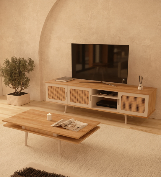 Meuble TV Malmo 3 portes, détail en rotin, module et pieds laqués perle, structure en chêne naturel, 200 x 58,8 cm.