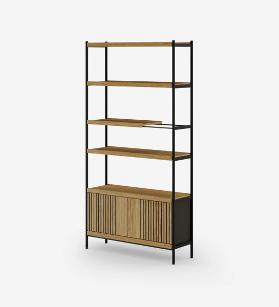Double-sided bookcase with 2 doors module, in natural oak with friezes, with black lacquered metal structure, feet with levelers.