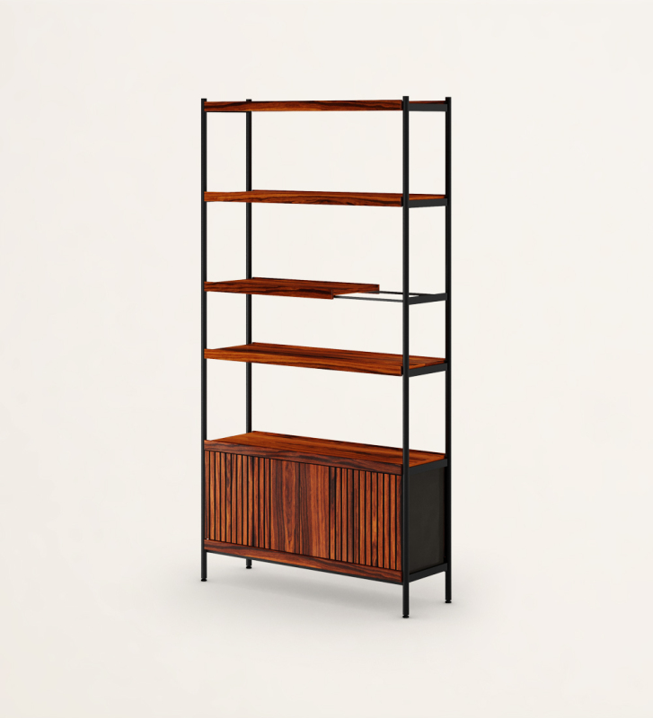Double-sided bookcase with 2 doors module, in high gloss palissander with friezes, with black lacquered metal structure, feet with levelers.