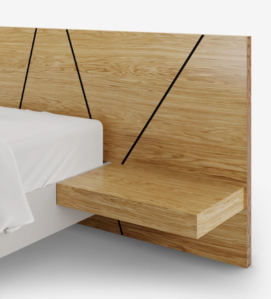 Double bed with abstract headboard and shelves in natural oak, suspended base in pearl.