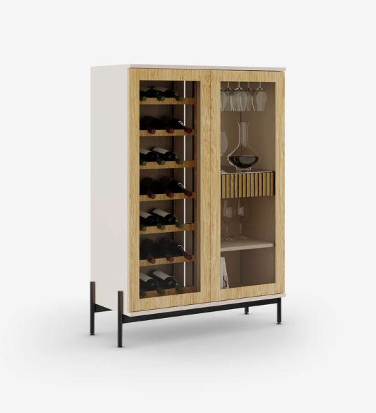 Wine cellar cabinet in natural oak, with lighting, pearl structure and black lacquered metal feet with levelers.