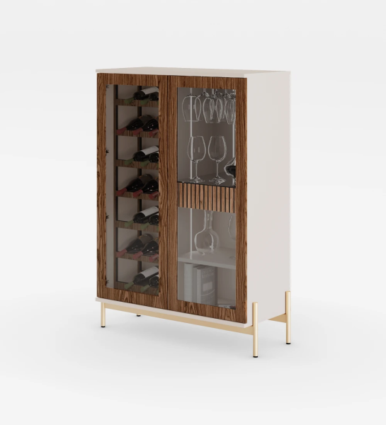 Wine cellar cabinet in walnut, with lighting, pearl structure and golden lacquered metal feet with levelers.