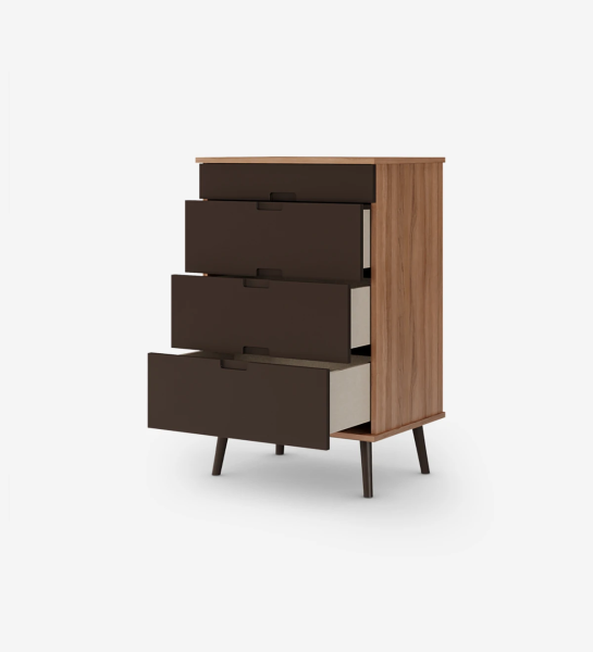 Dresser with 4 drawers with dark brown lacquered fronts, dark brown lacquered turned legs and walnut structure.