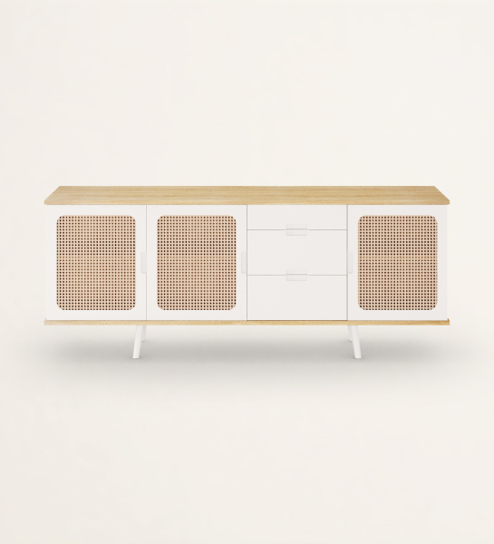 Sideboard with 3 rattan detail doors, 3 drawers and pearl lacquered legs, natural color oak structure.