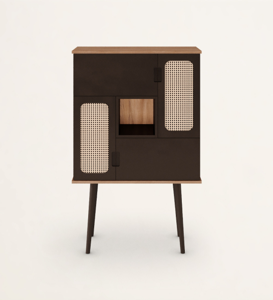 Bar cabinet with 4 doors, rattan detail in 2 doors, walnut structure, module and feet lacquered in dark brown.