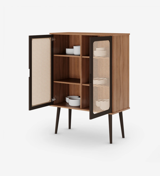 Cupboard with 2 doors detailed in rattan, walnut structure, lacquered dark brown doors and feet.