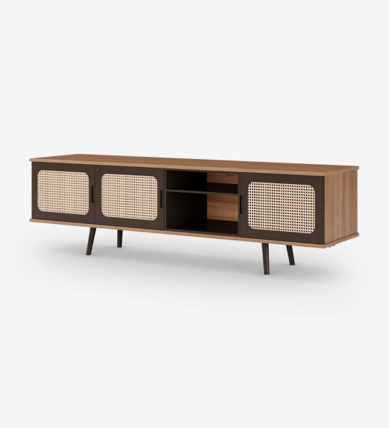 Malmo TV stand 3 doors, rattan detail, dark brown lacquered module and feet, walnut structure, 200 x 58,8 cm.