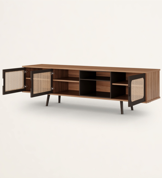 TV stand with 3 doors in rattan detail, module and feet lacquered in dark brown, walnut structure.
