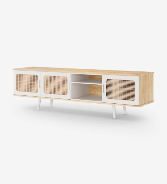 Malmo TV stand 3 doors, rattan detail, pearl lacquered module and feet, natural oak structure, 200 x 58,8 cm.
