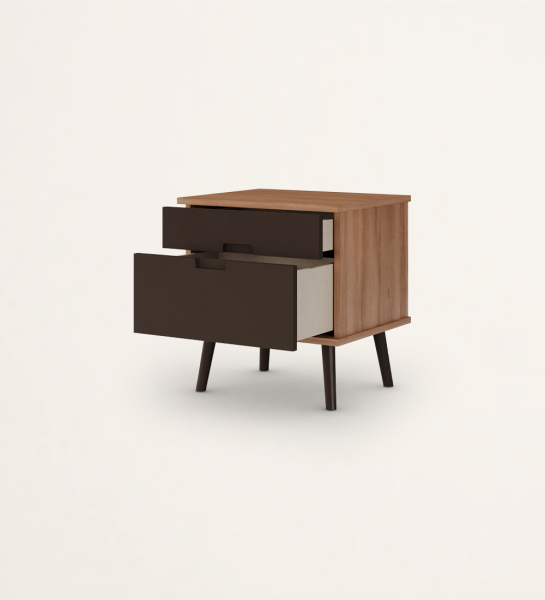 Bedside Table with 2 drawers and turned feet lacquered in dark brown, walnut structure.