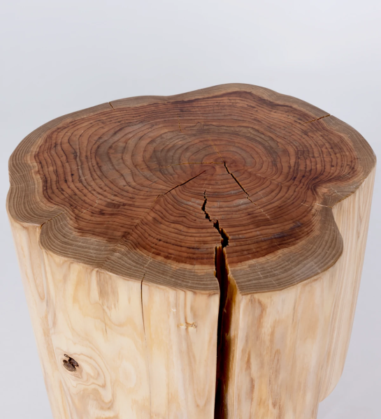 Malmo trunk side table in natural cryptomeria wood, Ø 30 to 40 cm.