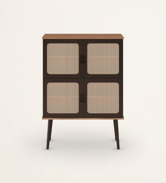 Cupboard with 4 rattan detail doors, walnut frame, dark brown lacquered doors and feet.
