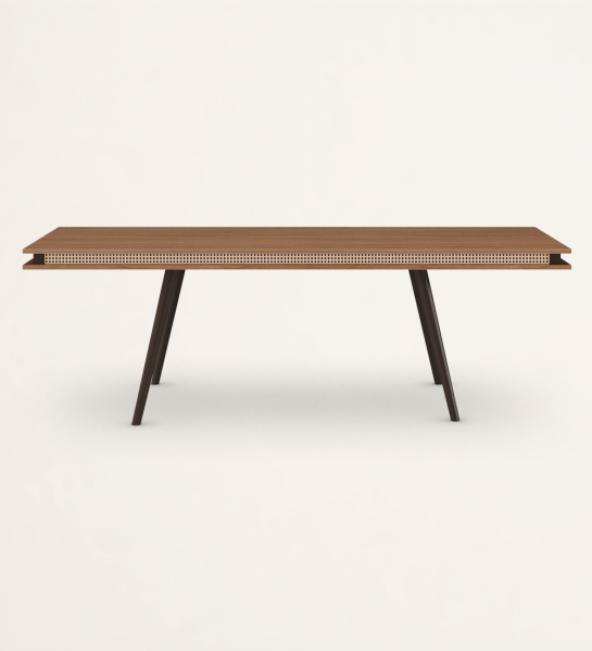 Rectangular dining table with walnut top, dark brown lacquered legs.