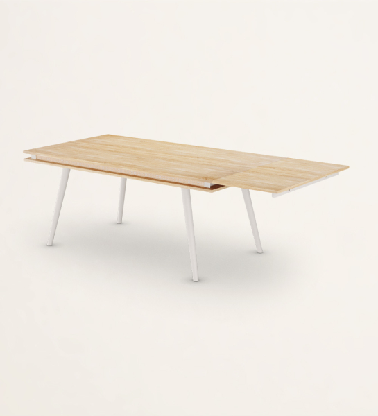 Rectangular extendable dining table with natural oak top, pearl lacquered legs.