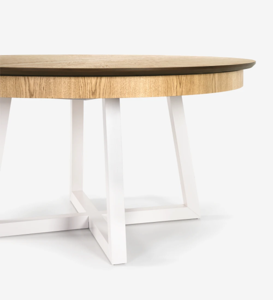 Round extendable dining table with natural oak top and pearl lacquered legs.