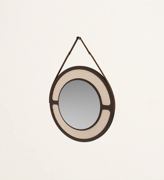 Round mirror, with dark brown lacquered structure, rattan detail.