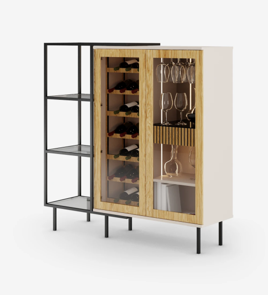 Wine cellar cabinet in natural oak, with lighting, pearl structure and black lacquered metal feet with levelers. Side extension with black lacquered metal structure, glass shelf.