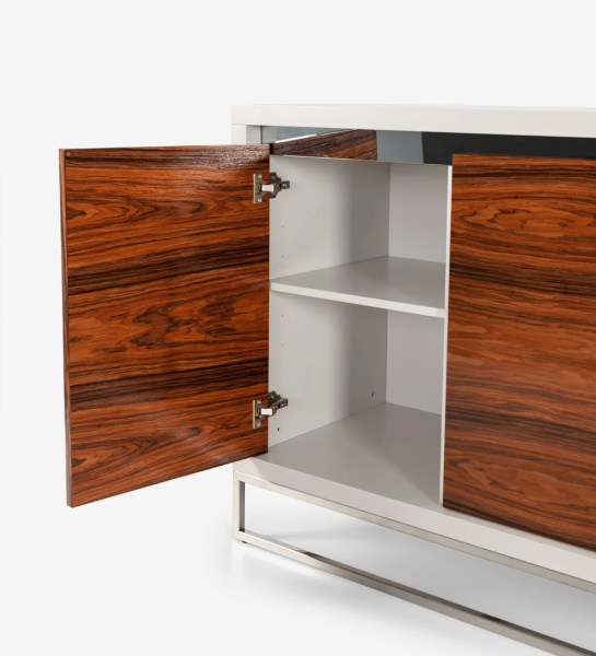 Sideboard with 4 doors in high gloss palissander, pearl lacquered structure, with stainless steel foot and mirror detail.