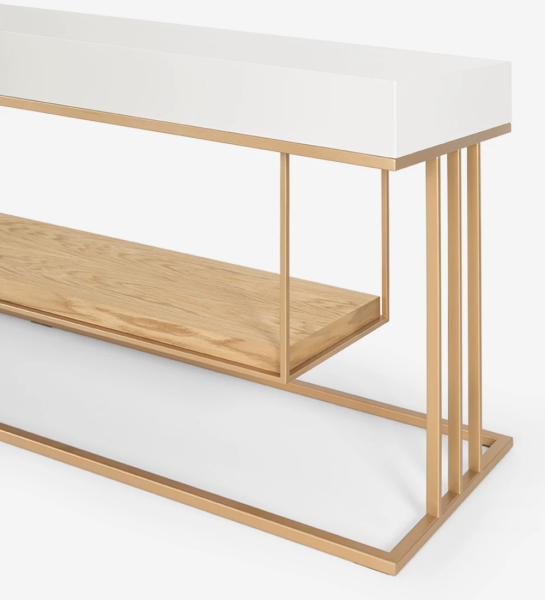 Double-sided console, with drawer on each side and shelf in natural oak, pearl lacquered structure and golden lacquered metal foot.